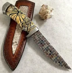 刀苑阁 Detachable Handle Damascus Steel Craft Knife with Leather Cover Yellow