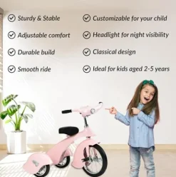 ABABY.COM Personalized Kids Tricycle with LED Headlight Pink