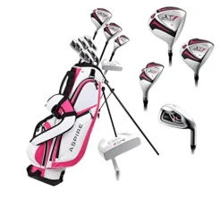 Aspire Ladies Golf Clubs Set Titanium Driver, Fairway, Hybrid, Irons, Putter, Bag Cherry Pink