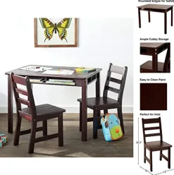 AVENTIS Child’s Espresso Table Set with Shelf & 2 Chairs + Blue Automobile Travel Bundle Ages 3+