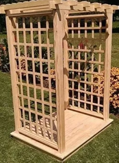 Backyard Crafts Amish-Made Lexington Style Pine Arbor with Deck 4′ Wide Walkthrough Redwood Stain