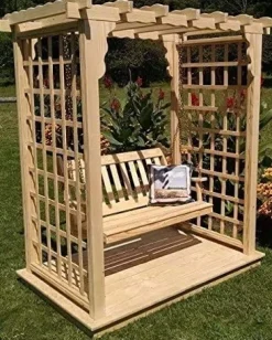 Backyard Crafts Amish-Made Lexington Style Cedar Arbor with Deck & Swing 6′ Wide Natural Stain