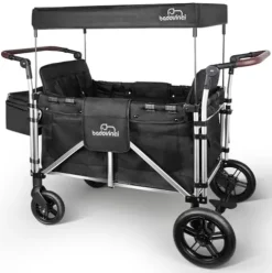 Badovinci Folding Stroller Wagon for 4 Kids with 5-Point Harness and Adjustable Canopy Black