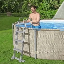 Bestway Power Steel 13′ x 42″ Round Above Ground Swimming Pool Set with Canopy Brown Wicker Print
