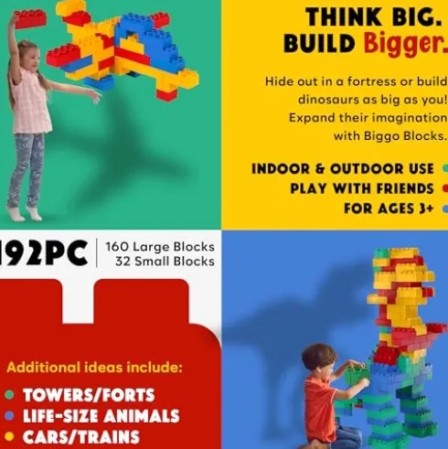 BiggoBlocks Jumbo Building Blocks Set 192 pcs Red, Blue, Green, Yellow