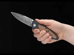 Böker Tirpitz Damascus Folding Knife 3-7/8″ Straight Edge Blade Brown