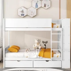 Brisca Full Over Full Bunk Bed with Storage Drawers and Cabinet White