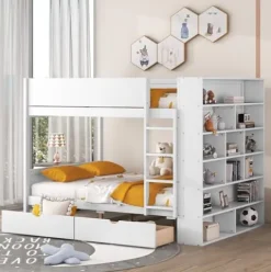 Brisca Full Over Full Bunk Bed with Storage Drawers and Cabinet White
