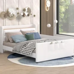 Brisca Full Size Upholstered Platform Bed with Storage and Guardrail Beige