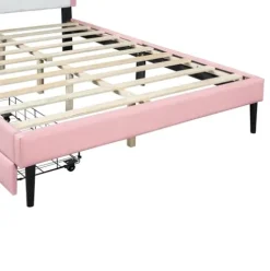 Brisca PU Upholstered Princess Bed with Crown Headboard and Storage, White+Pink