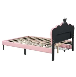 Brisca PU Upholstered Princess Bed with Crown Headboard and Storage, White+Pink