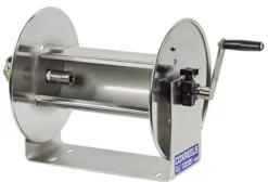 COXREELS Stainless Steel Hand Crank Hose Reel 1/2 I.D. 75′ Capacity Crinkle Black With Silver Accents