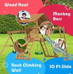 Creative Playthings LTD. Northbridge Pack 4 Wooden Swing Set with Climbing Wall, Swings & Slide, Yellow