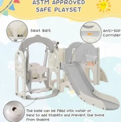 CUAUC 7-in-1 Toddler Slide & Swing Set with Basketball Hoop Grey+White