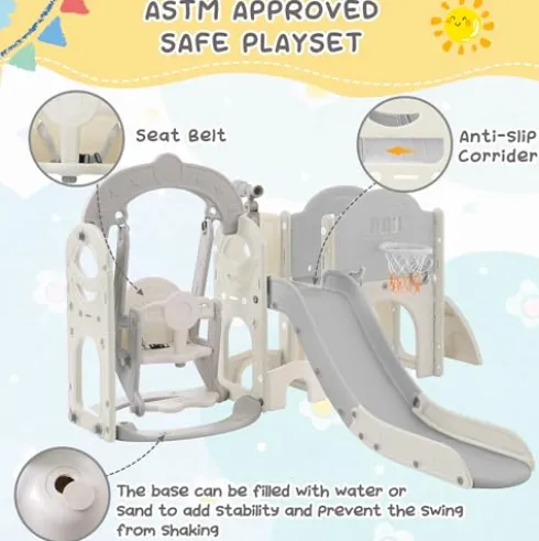 CUAUC 7-in-1 Toddler Slide & Swing Set with Basketball Hoop Grey+White