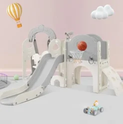 CUAUC 7-in-1 Toddler Slide & Swing Set with Basketball Hoop Grey+White