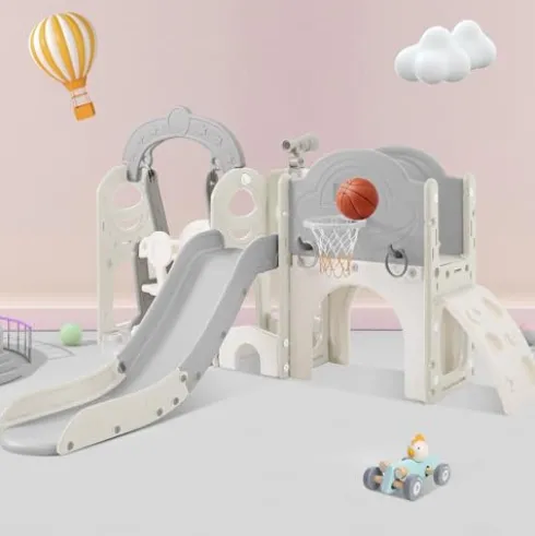 CUAUC 7-in-1 Toddler Slide & Swing Set with Basketball Hoop Grey+White