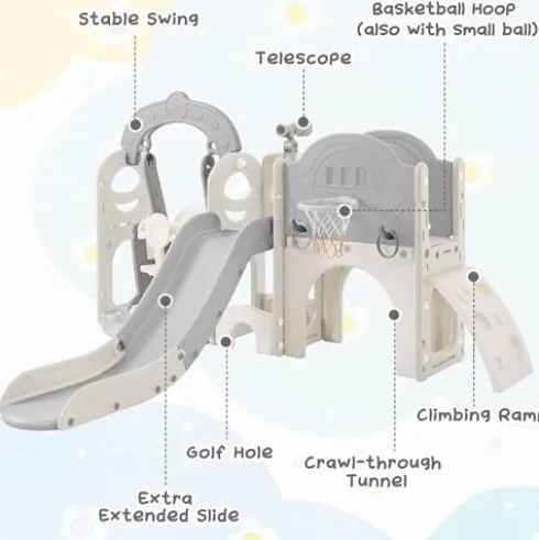 CUAUC 7-in-1 Toddler Slide & Swing Set with Basketball Hoop Grey+White