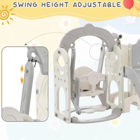 CUAUC 7-in-1 Toddler Slide & Swing Set with Basketball Hoop Grey+White
