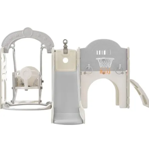 CUAUC 7-in-1 Toddler Slide & Swing Set with Basketball Hoop Grey+White