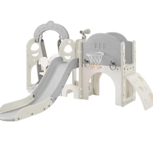 CUAUC 7-in-1 Toddler Slide & Swing Set with Basketball Hoop Grey+White