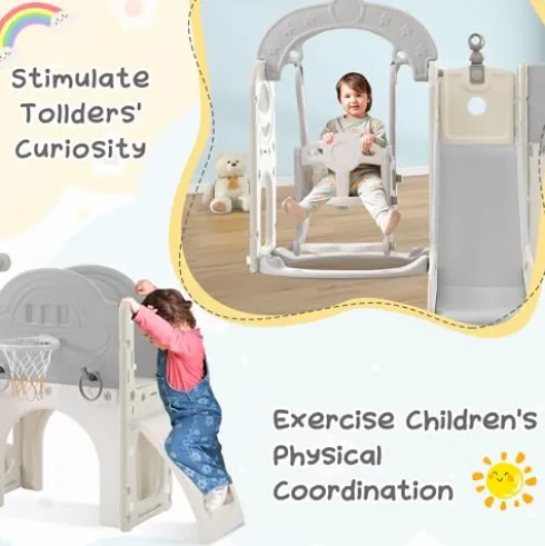 CUAUC 7-in-1 Toddler Slide & Swing Set with Basketball Hoop Grey+White