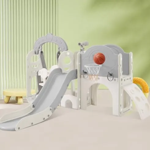 CUAUC 7-in-1 Toddler Slide & Swing Set with Basketball Hoop Grey+White