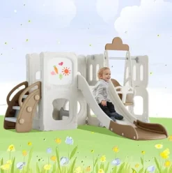 CUAUC 5-in-1 Toddler Slide and Swing Set with Drawing Whiteboard Coffee