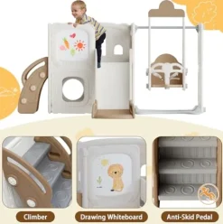 CUAUC 5-in-1 Toddler Slide and Swing Set with Drawing Whiteboard Coffee