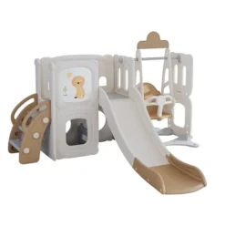 CUAUC 5-in-1 Toddler Slide and Swing Set with Drawing Whiteboard Coffee