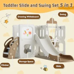 CUAUC 5-in-1 Toddler Slide and Swing Set with Drawing Whiteboard Coffee
