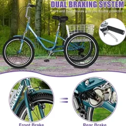 DoCred Adult Folding Tricycle 7-Speed 20/24/26-Inch Peacock Blue
