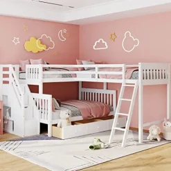 DRELOFT L-Shaped Twin Bunk Bed with Storage Drawers White