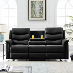 Eafurn Black Faux Leather Recliner Loveseat Sofa with Console 78.74