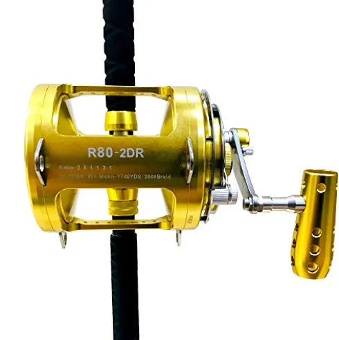 EAT MY TACKLE 80 Wide 2 Speed Fishing Reel with Blue/Black Tournament Edition Rod