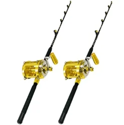 EAT MY TACKLE 80 Wide 2 Speed Trolling Fishing Reels and Rods Set Black and Gold