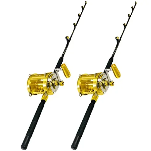 EAT MY TACKLE 80 Wide 2 Speed Trolling Fishing Reels and Rods Set Black and Gold