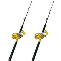 EAT MY TACKLE 30 Wide 2 Speed Fishing Reels on 30-50 Pound Tournament Rods Gold (2 Pack)