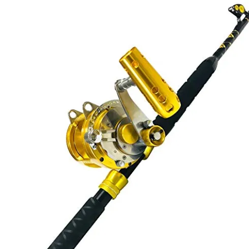 EAT MY TACKLE 30 Wide 2 Speed Fishing Reels on 30-50 Pound Tournament Rods Gold (2 Pack)