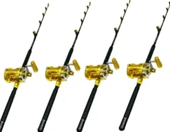 EAT MY TACKLE 50W 2-Speed Reels on 100-120 lb. Tournament Rods 4 Pack Yellow/Gold