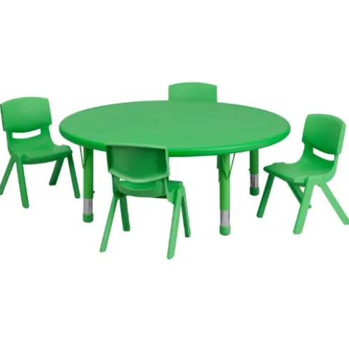 EMMA + OLIVER 45″ Round Green Plastic Adjustable Activity Table Set with 4 Chairs