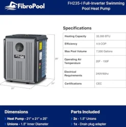 FibroPool Swimming Pool Heat Pump Full Inverter FH235 35,000 BTU Black