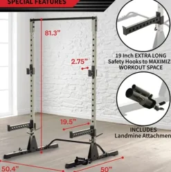 Fitness Reality Squat Rack Power Cage with J-Hooks, Landmine 360° Swivel, Weight Plate Storage Attachment and Power Band Pegs Gray