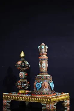 Generic Tibetan Silver Gilt Mosaic Gem Dzi Beads Vajra Rattle Bell Set 17