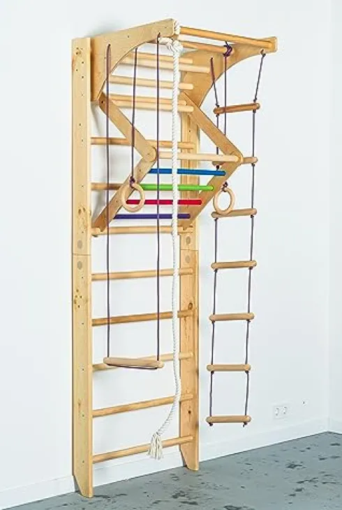 Generic Wooden Sport Ladder Set – Swedish Ladder w/Pull Up Bar, Rope Attachments, Monkey Triangle – Wall Stall Bars (Adjustable Pull Up Bar)