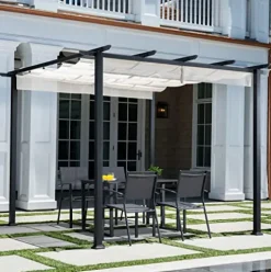 Hanover Reed Outdoor Pergola with Adjustable Sling Canopy Gray 9.8′ x 9.8′ x 7.6′