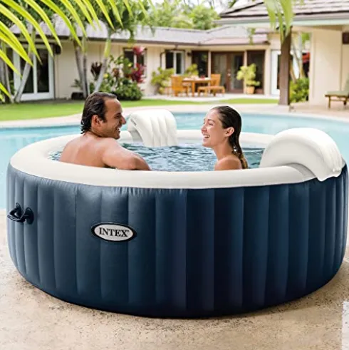 Intex Portable Inflatable Hot Tub Bubble Jet Spa with Tablet Mobile Phone Spa Tray Accessory, White Blue