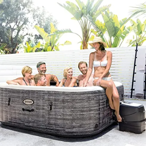 Intex PureSpa Plus 6 Person Inflatable 94″ Square Outdoor Hot Tub Spa with 170 Bubble AirJets, Insulated Cover & LED Color Changing Lights Square Greystone