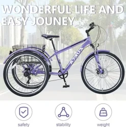 KOZYSFLER Ultimate Comfort 7-Speed Adult Tricycle 26-Inch Wheels Purple