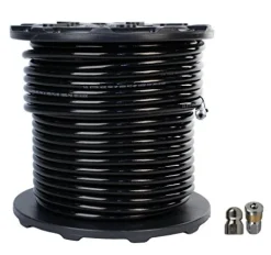 Schieffer Co. 3/8in. x 300ft. 4000 PSI Thermoplastic Sewer Jetter Hose with 8.0 Orifice Button Nose and Rotating Nozzles Clear